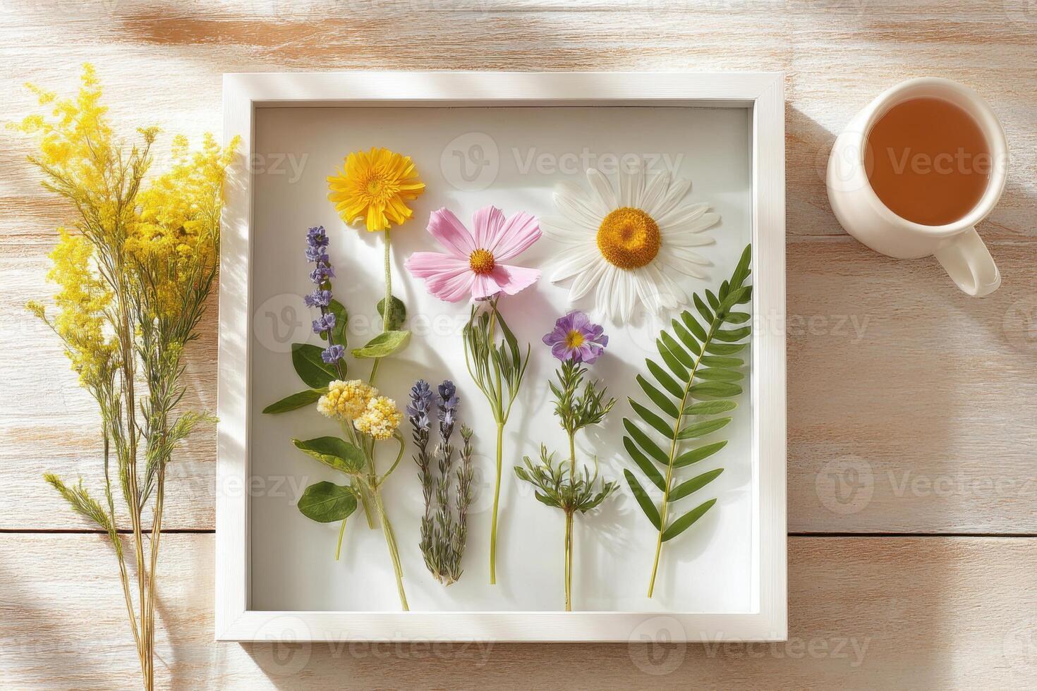 Colorful arrangement of pressed flowers and greenery displayed in a white frame on a wooden surface alongside a cup of tea, creating a serene and artistic atmosphere photo