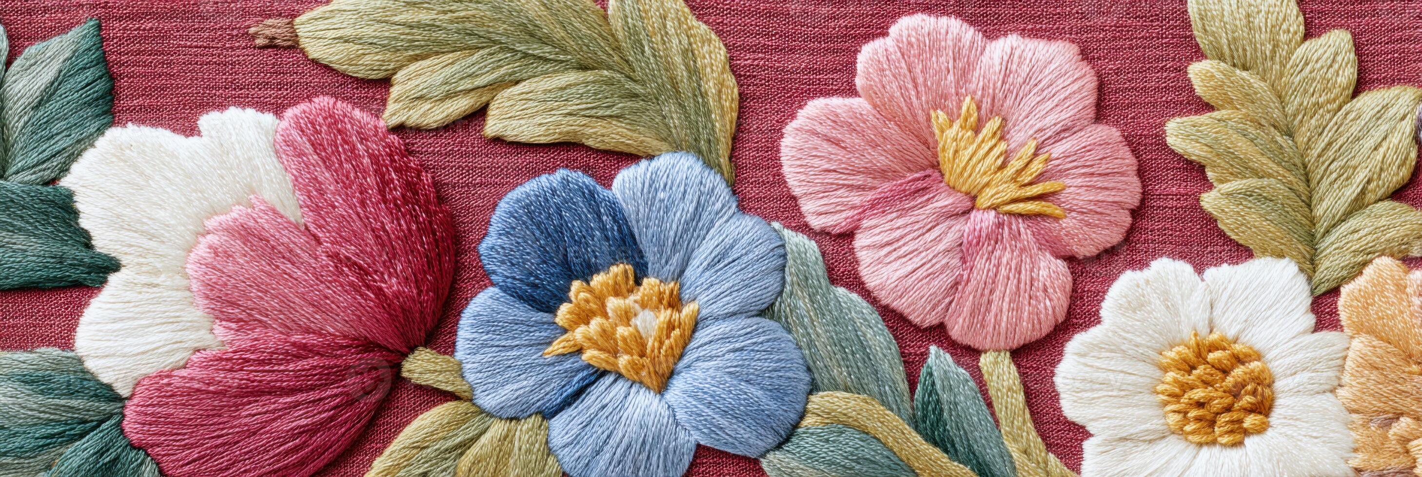 Vibrant floral embroidery featuring intricate stitching of colorful blooms on a textured fabric background, showcasing craftsmanship and artistic expression in textile art photo