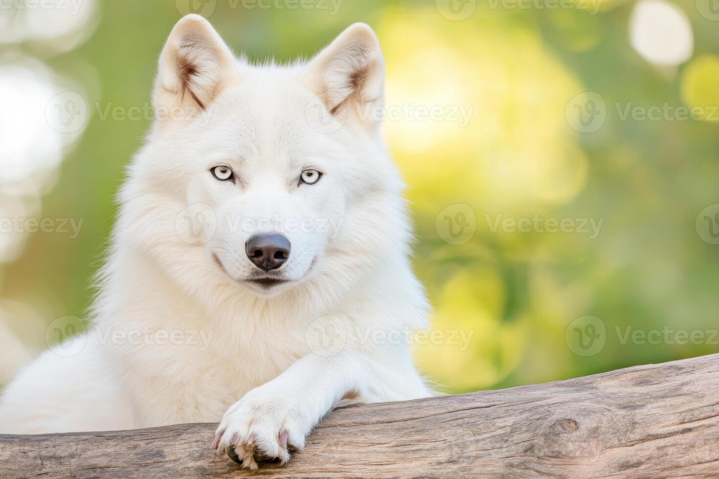 Majestic dire wolf with striking blue eyes rests on a log, surrounded by a soft green background, showcasing its beauty and elegance in a serene natural setting photo