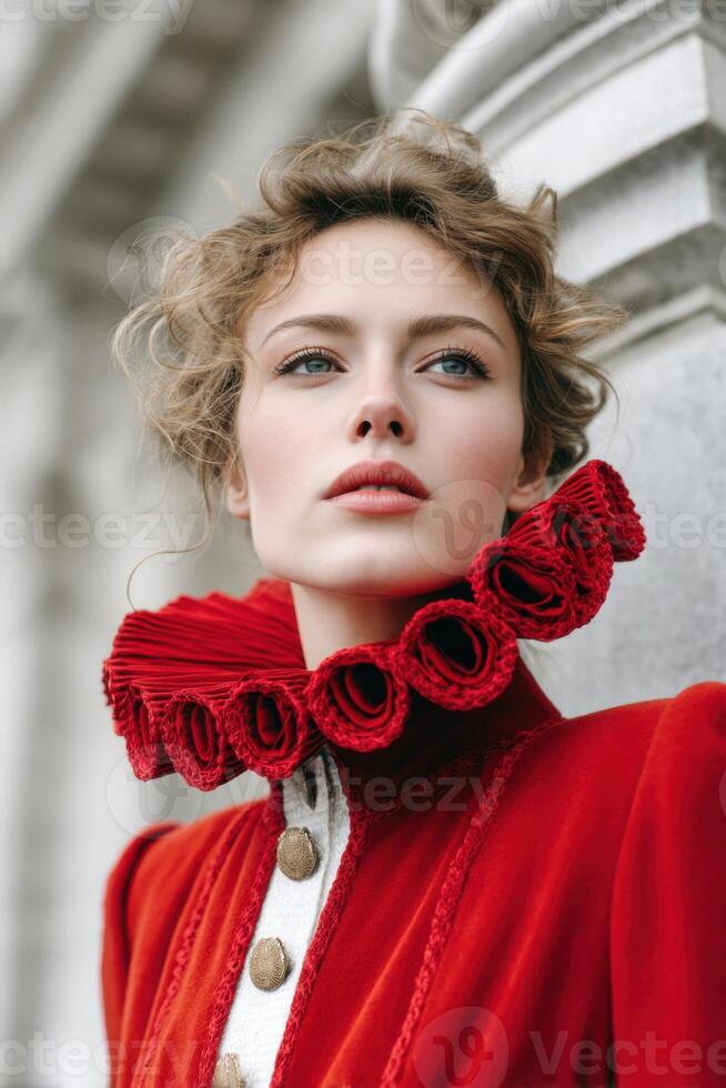 Young woman with striking jester red attire featuring a unique ruffled collar poses elegantly against a classic architectural backdrop, showcasing bold fashion and artistic expression photo