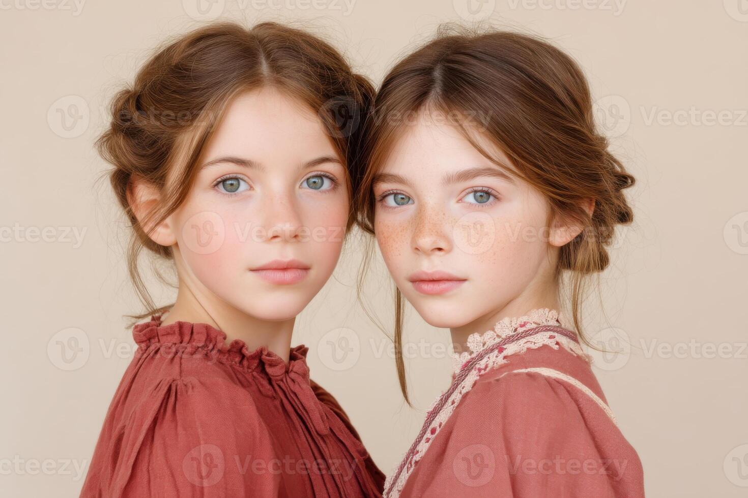 Two young girls with light skin and blue eyes, wearing vintage-style dresses in soft earthy tones, pose closely together against a neutral background, showcasing innocence and beauty photo