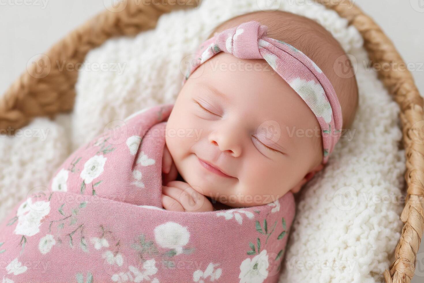 Newborn baby girl peacefully sleeping in a cozy woven basket, wrapped in a soft floral blanket, with a delicate headband, radiating warmth and tranquility in a serene environment photo