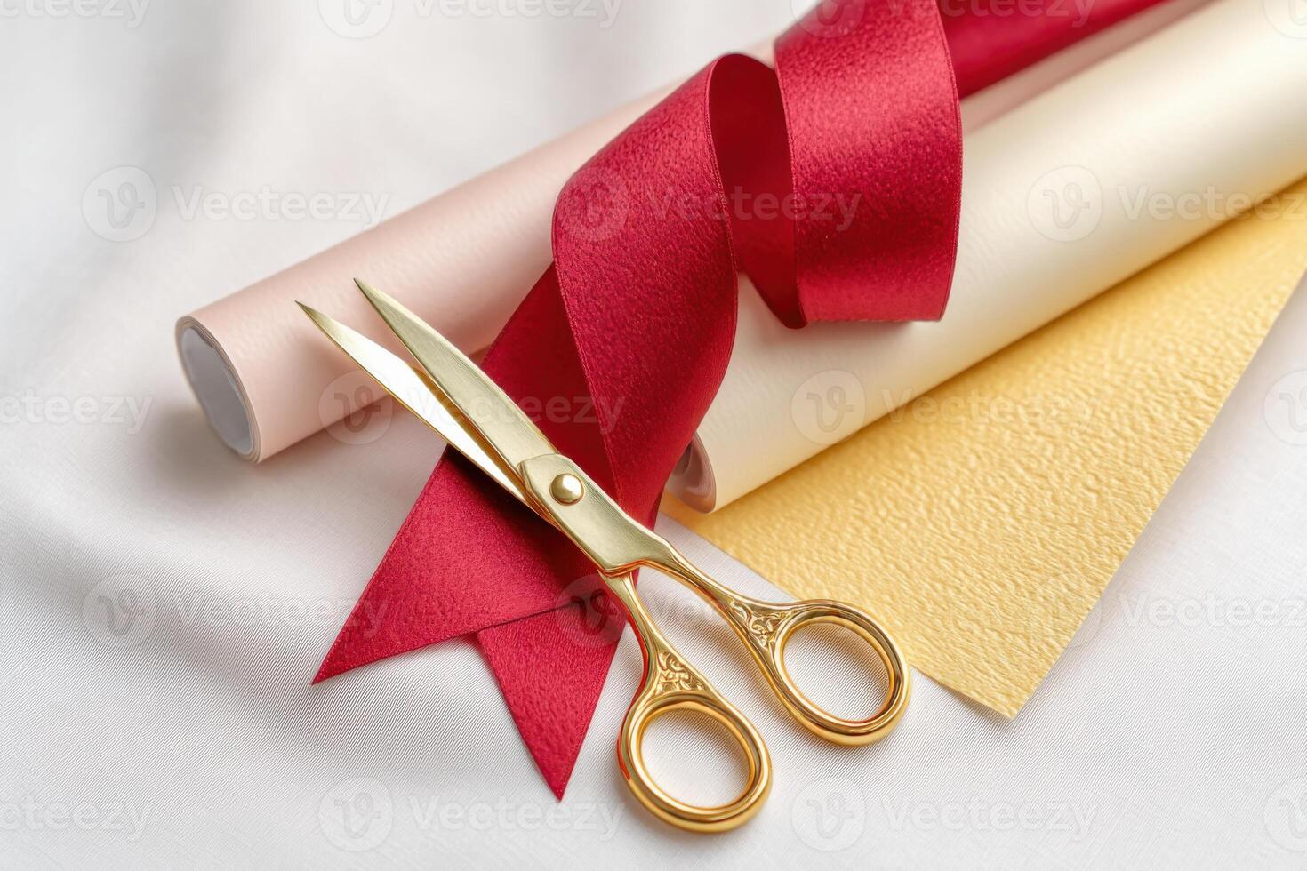A pair of scissors and a roll of red ribbon photo