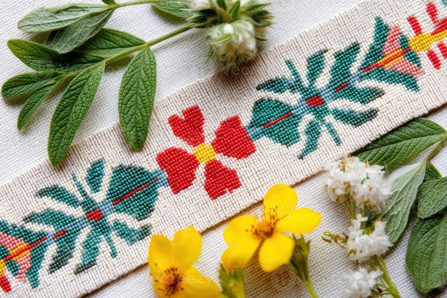 Native American textile art featuring vibrant floral patterns, surrounded by fresh herbs and wildflowers, showcasing cultural craftsmanship and natural beauty in a harmonious arrangement photo