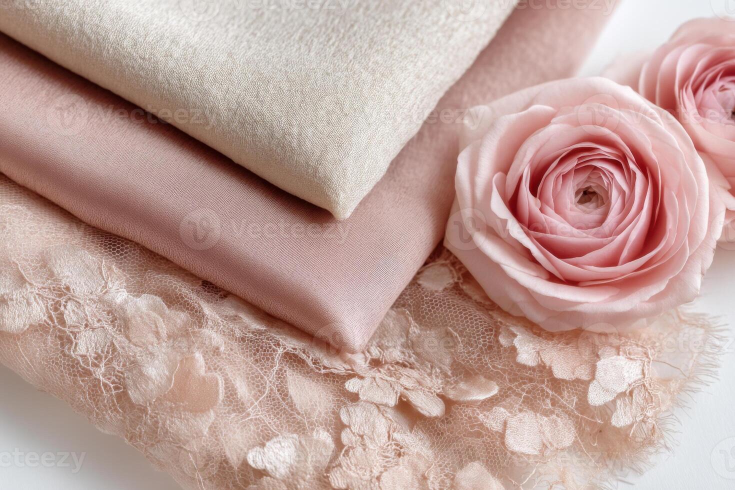Soft pastel fabrics in shades of pink and cream arranged elegantly with a delicate rose, creating a serene and inviting atmosphere for design inspiration and creative projects photo