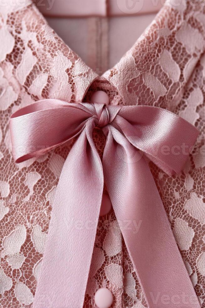 Delicate pink lace fabric with a satin bow detail, showcasing intricate patterns and textures, perfect for fashion design and elegant garment presentation with copy space photo