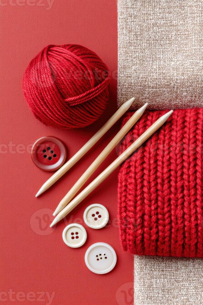 Jester red yarn ball, knitting needles, and buttons arranged on a textured surface, showcasing vibrant colors and crafting materials for creative projects and textile art photo