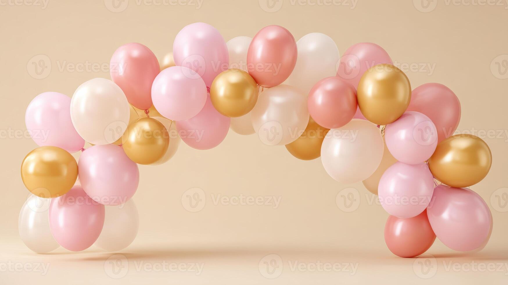 Colorful balloon arch featuring pink, white, and gold balloons arranged in a festive display, perfect for celebrations, events, and party decorations enhancing joyful atmosphere photo