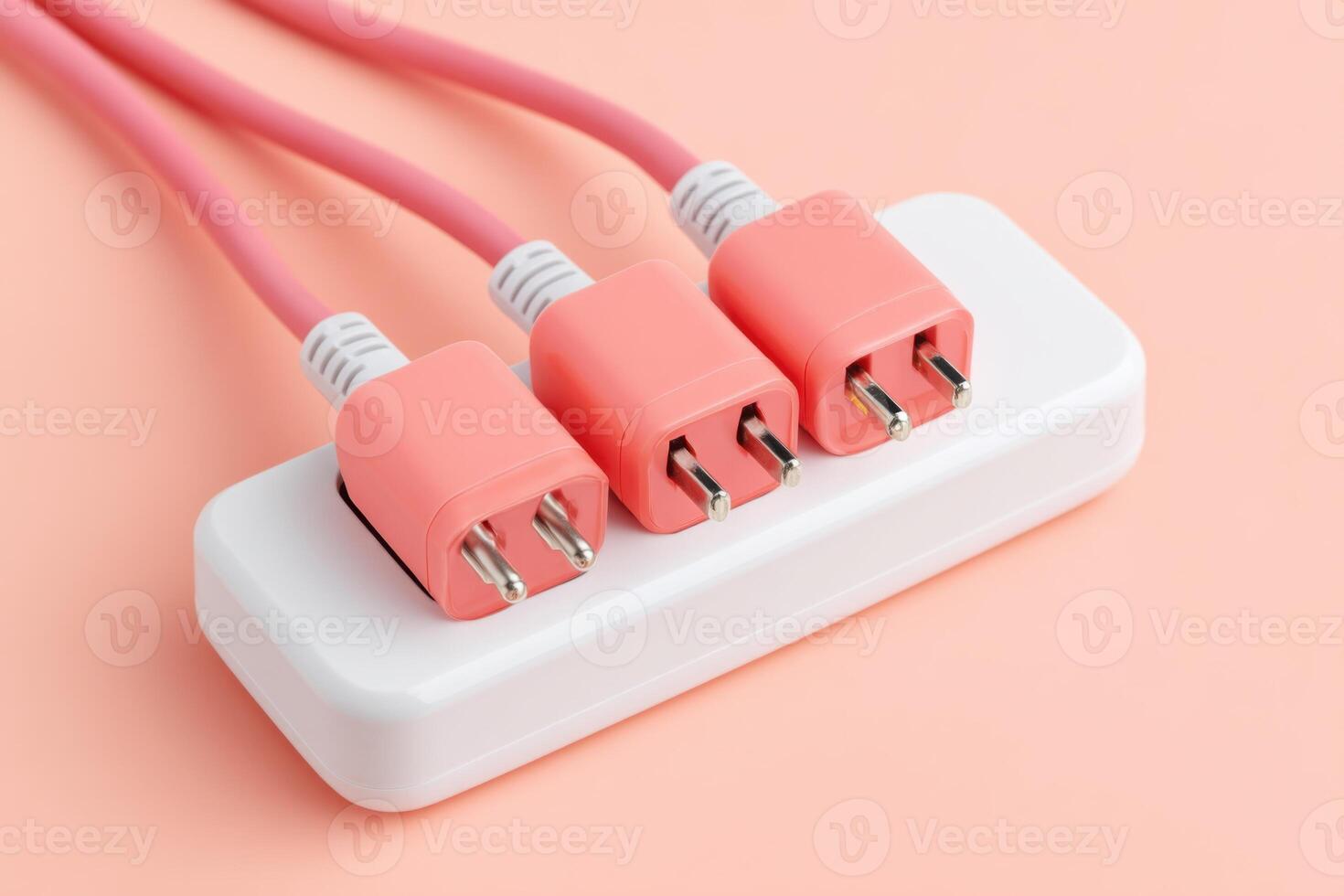 Power strip with three pink electrical outlets and matching cables on a soft pastel background, showcasing modern design and functionality in home or office settings photo