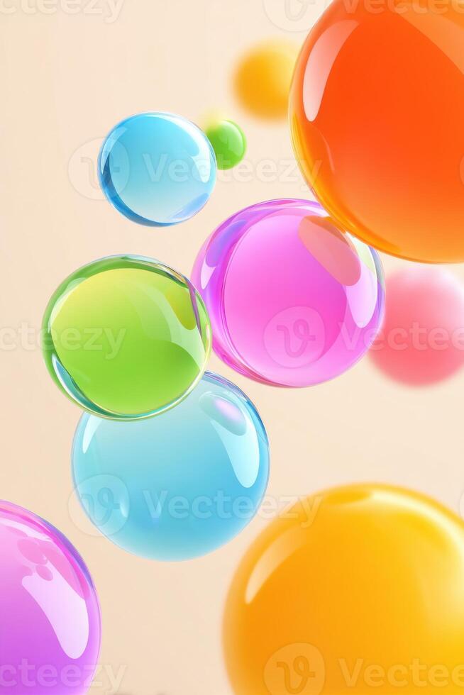 Colorful translucent bubbles of various sizes float gracefully against a soft beige background, creating a whimsical and vibrant atmosphere for creative design projects photo