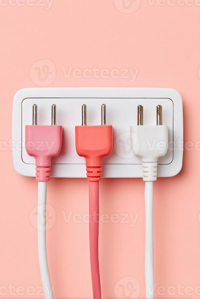 Colorful electrical plugs in pink, coral, and white connected to a modern power outlet on a soft pastel pink wall, showcasing contemporary design and vibrant aesthetics photo