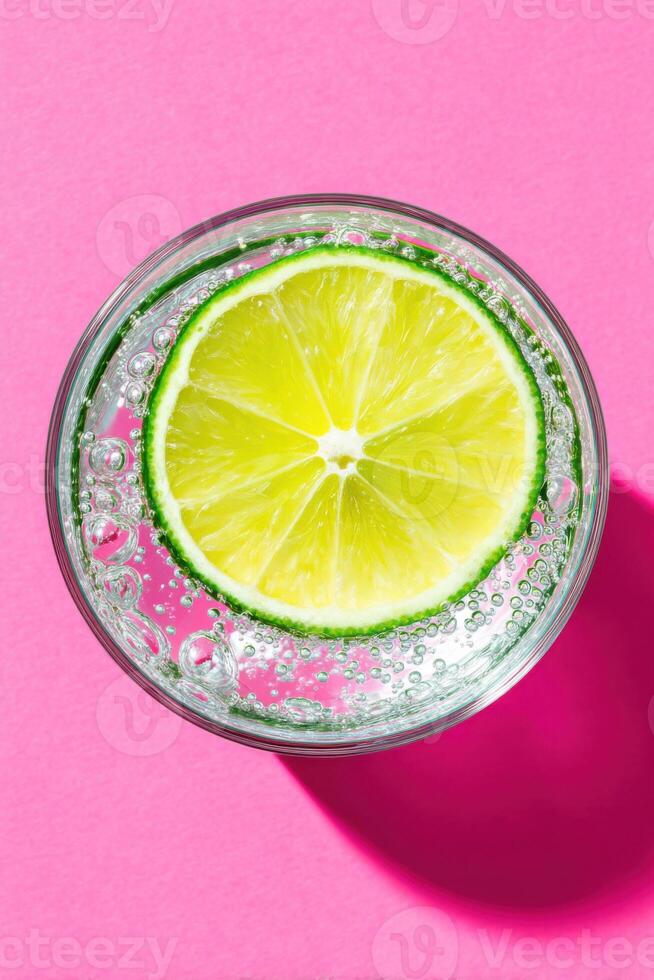 Refreshing beverage in a clear glass with a slice of lime floating on top, surrounded by bubbles, set against a vibrant pink background, evoking summer vibes and thirst-quenching moments photo