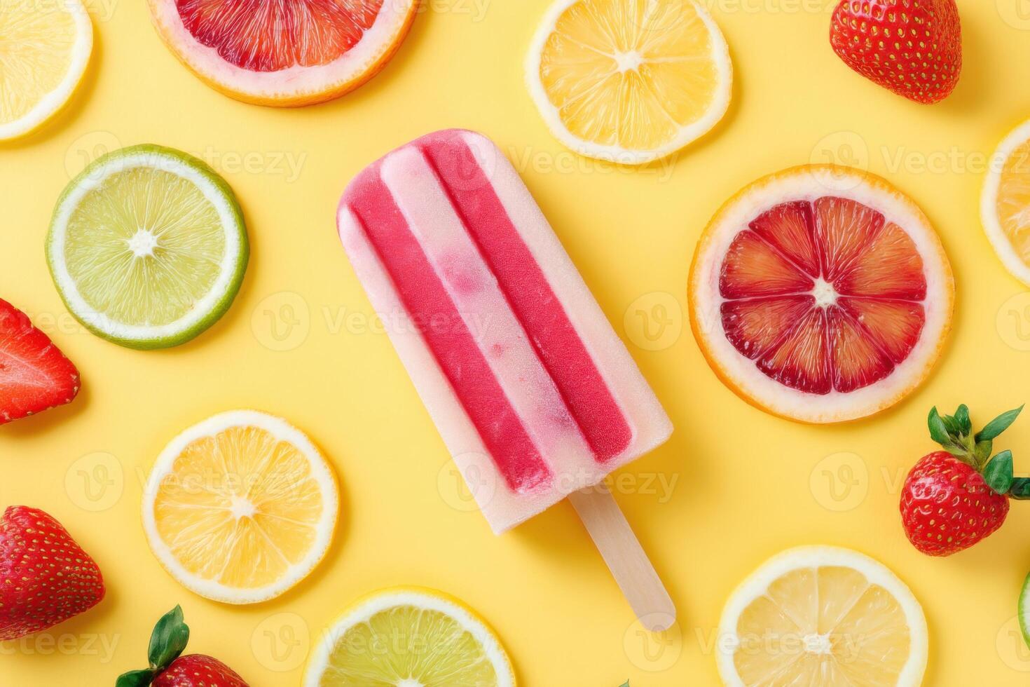 Colorful popsicle with vibrant red and white stripes surrounded by fresh citrus fruits and strawberries on a bright yellow background, evoking a refreshing summer treat photo