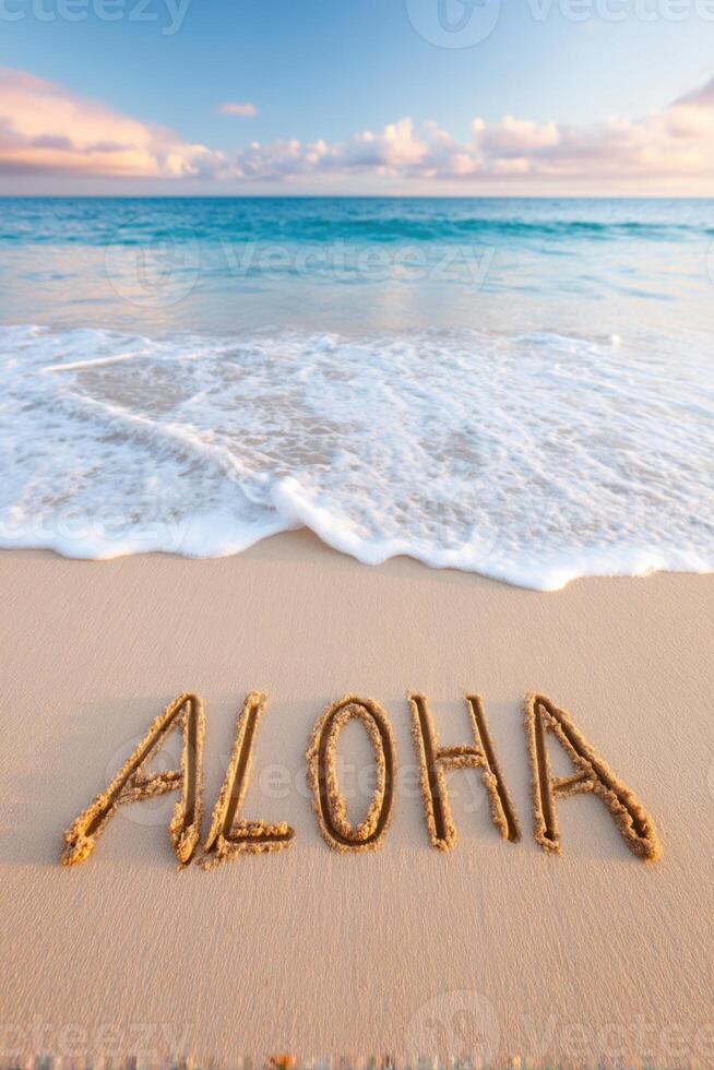 Sand letters spelling Aloha on a serene beach, with gentle waves lapping at the shore, under a colorful sky at sunset, evoking a sense of tranquility and warmth photo