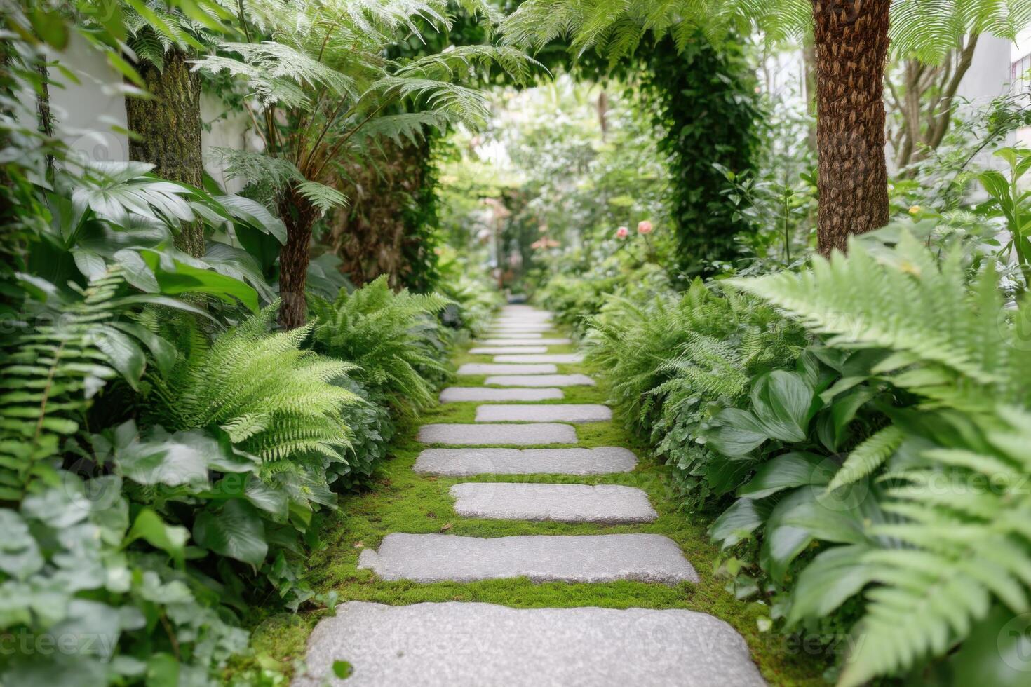 Serene garden pathway lined with lush greenery and ferns, featuring stone stepping stones leading through a tranquil natural setting, inviting exploration and relaxation photo