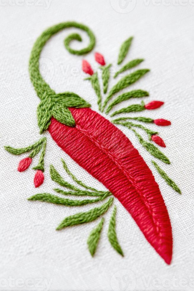 Vibrant red chili pepper embroidered on white fabric with green leaves and small red buds, showcasing intricate stitching and artistic craftsmanship in textile design photo
