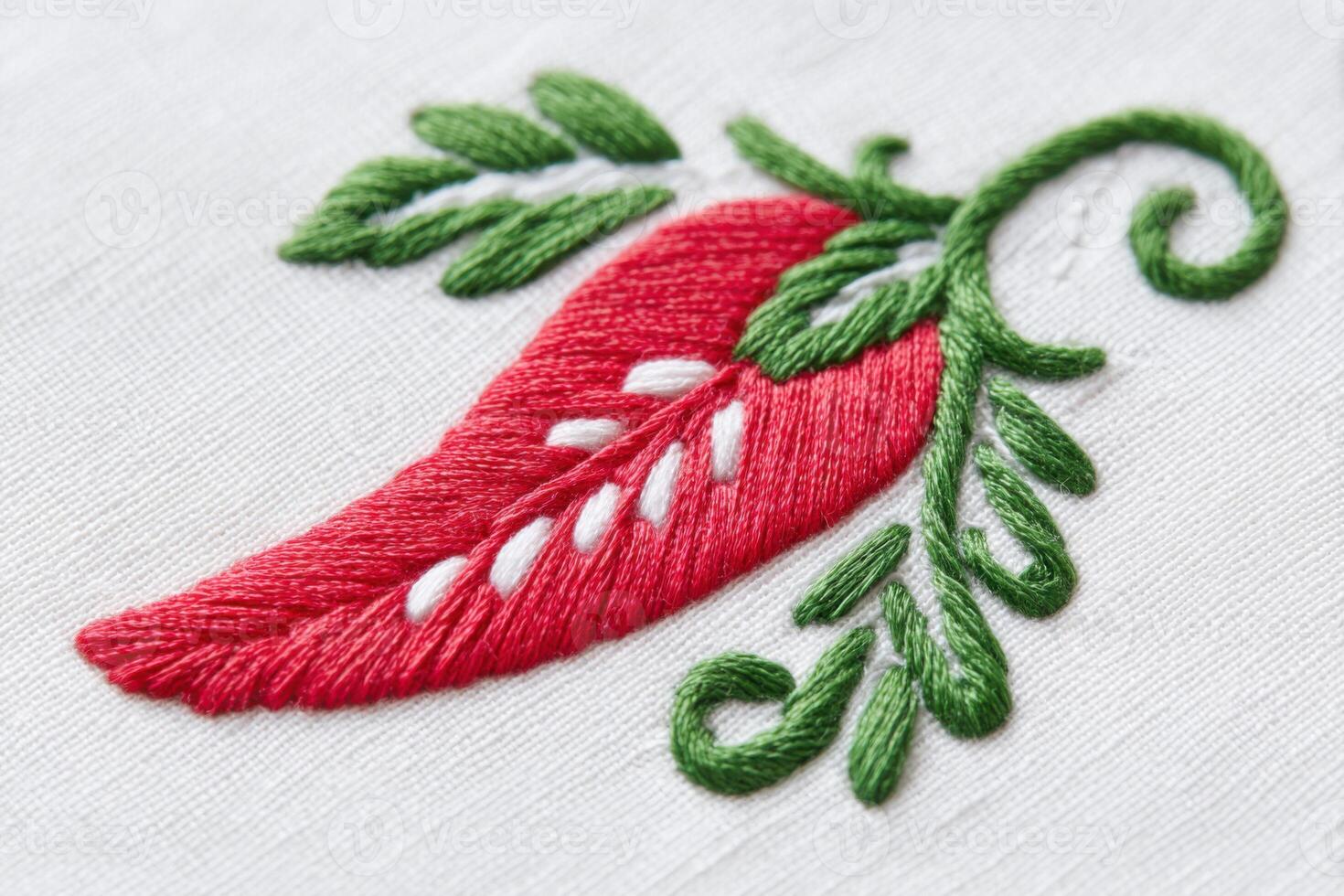 Vibrant red chili pepper embroidered on white fabric, showcasing intricate stitching and lush green leaves, highlighting craftsmanship and artistic design in textile art photo