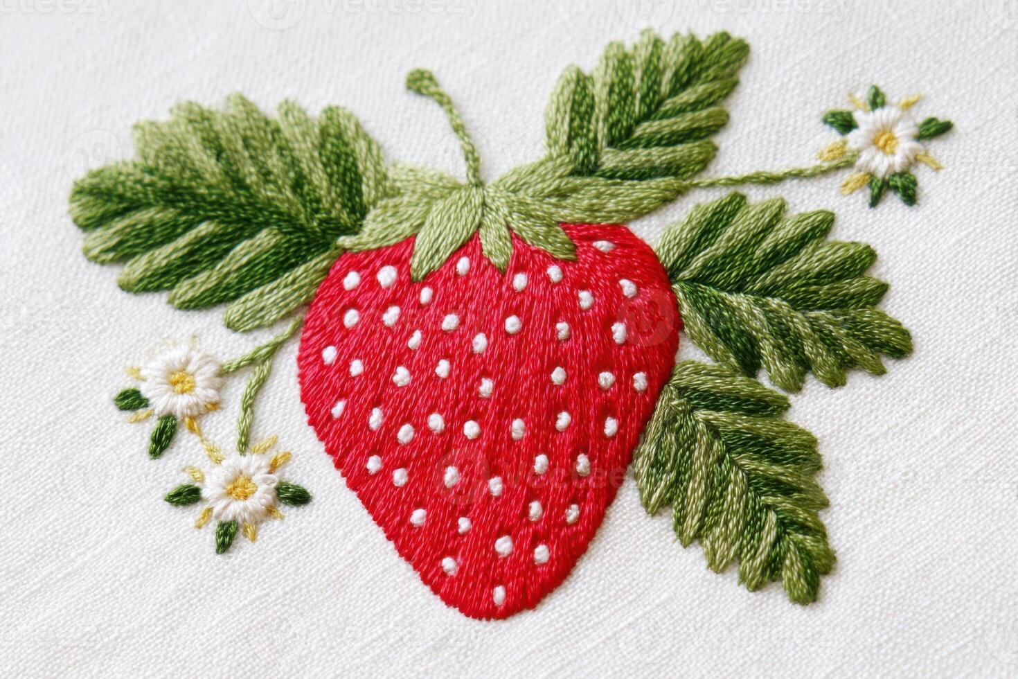 Vibrant red strawberry embroidery with green leaves and delicate white flowers, showcasing intricate stitching techniques and artistic craftsmanship in textile art photo