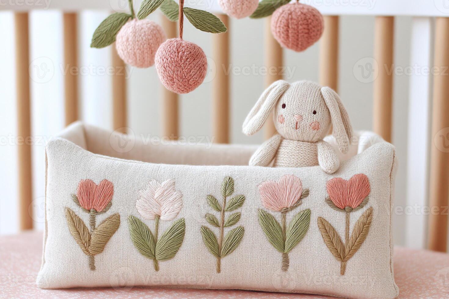 Soft plush bunny toy beside an embroidered storage basket featuring floral designs, creating a cozy and playful atmosphere in a nursery setting with pastel colors photo