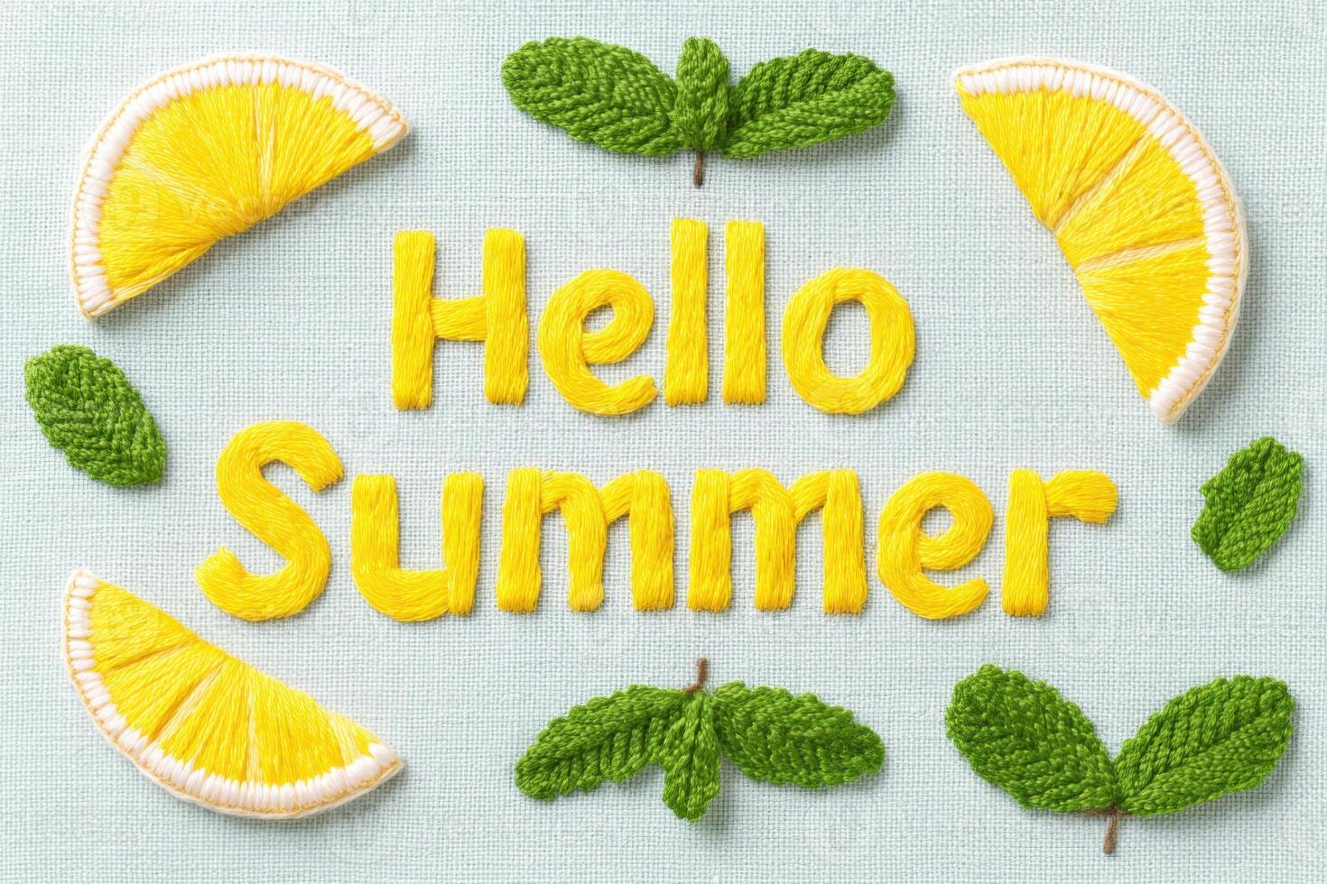 Colorful embroidery art featuring the phrase 'Hello Summer' surrounded by vibrant lemon slices and green leaves, showcasing a cheerful and refreshing seasonal theme photo