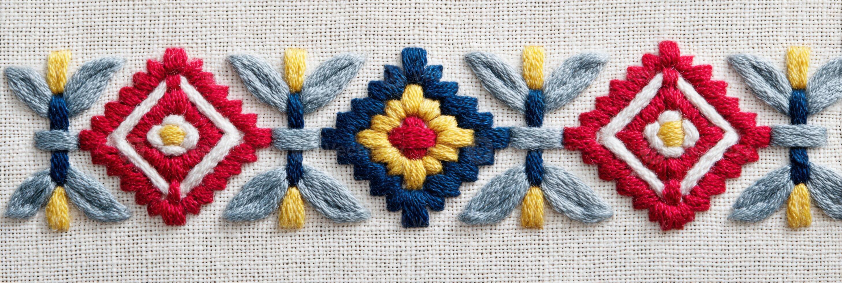 Nordic Sami embroidery featuring intricate patterns in vibrant colors, showcasing traditional craftsmanship with geometric shapes and floral motifs on a textured fabric background photo