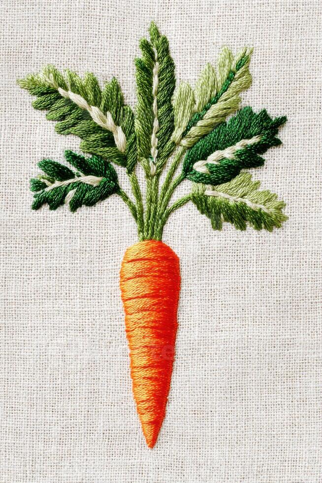 Vibrant orange carrot with green leafy tops, beautifully embroidered on a textured fabric background, showcasing intricate stitching and artistic craftsmanship in textile art photo