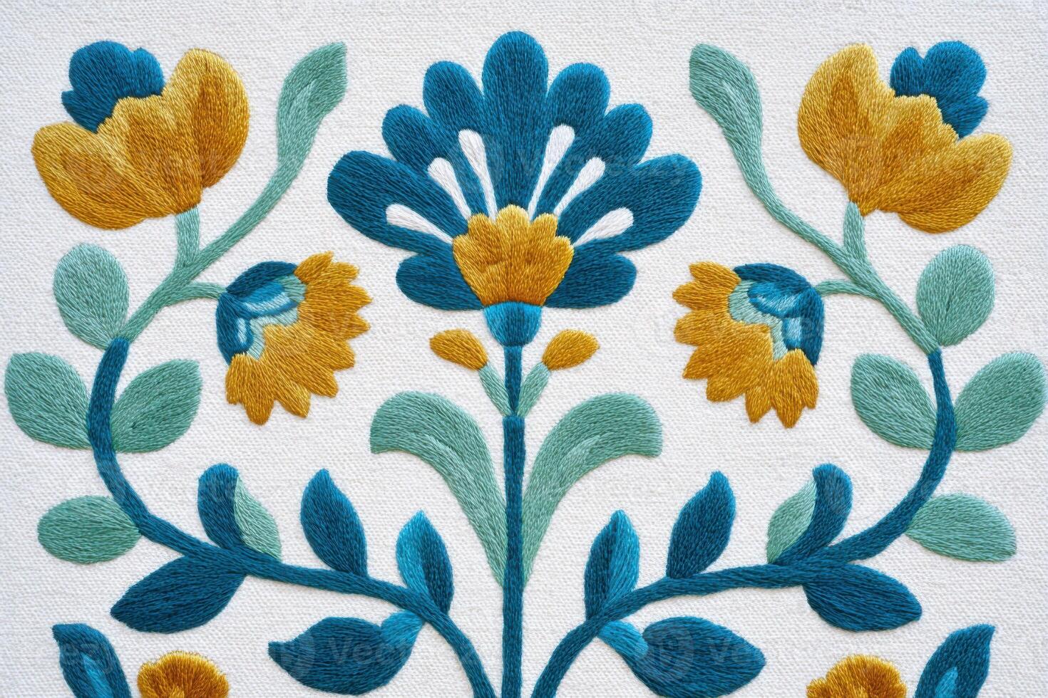 Colorful floral embroidery design featuring vibrant blue and yellow flowers with intricate green leaves on a textured fabric background, showcasing artistic craftsmanship and creativity photo
