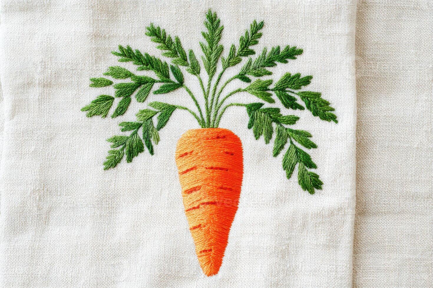 Vibrant orange carrot with green leafy tops, intricately embroidered on a soft beige fabric, showcasing detailed craftsmanship and artistic design elements in textile art photo