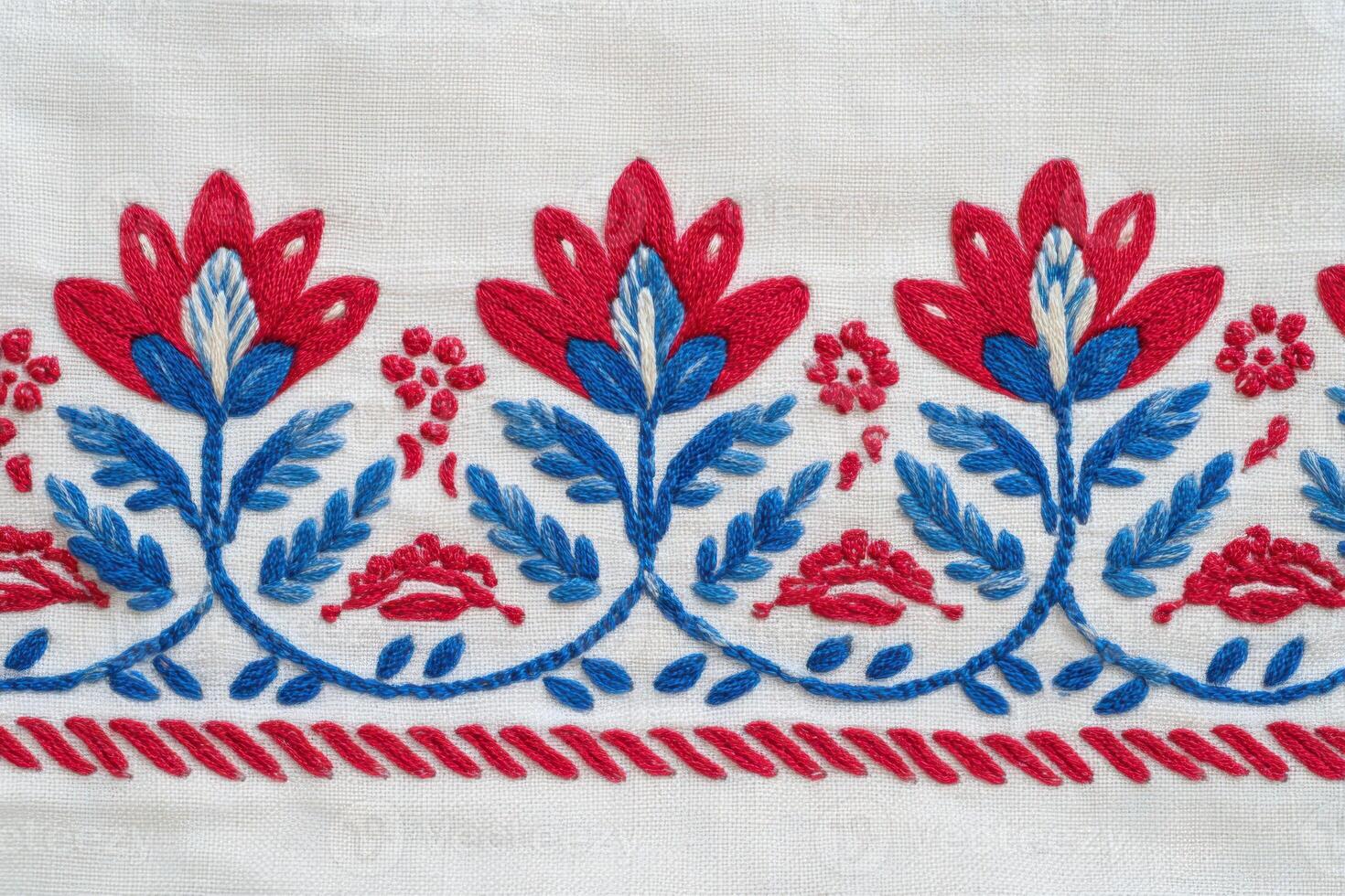 Romanian traditional embroidery featuring intricate floral patterns in vibrant red and blue threads on a white fabric background, showcasing cultural artistry and craftsmanship photo