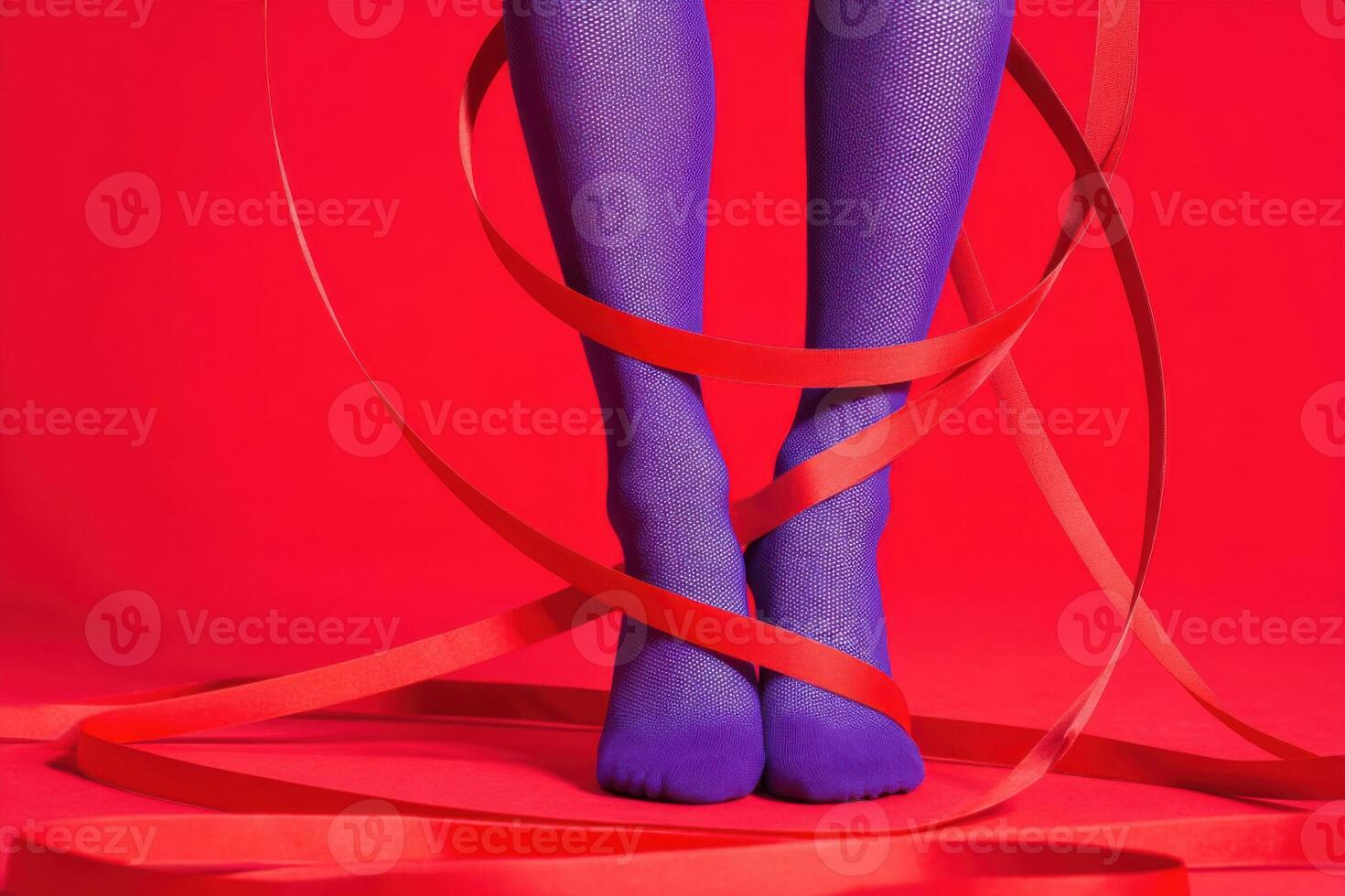 Colorful artistic display featuring feet in purple tights surrounded by flowing red ribbons on a vibrant red background, creating a dynamic visual experience of movement and creativity photo