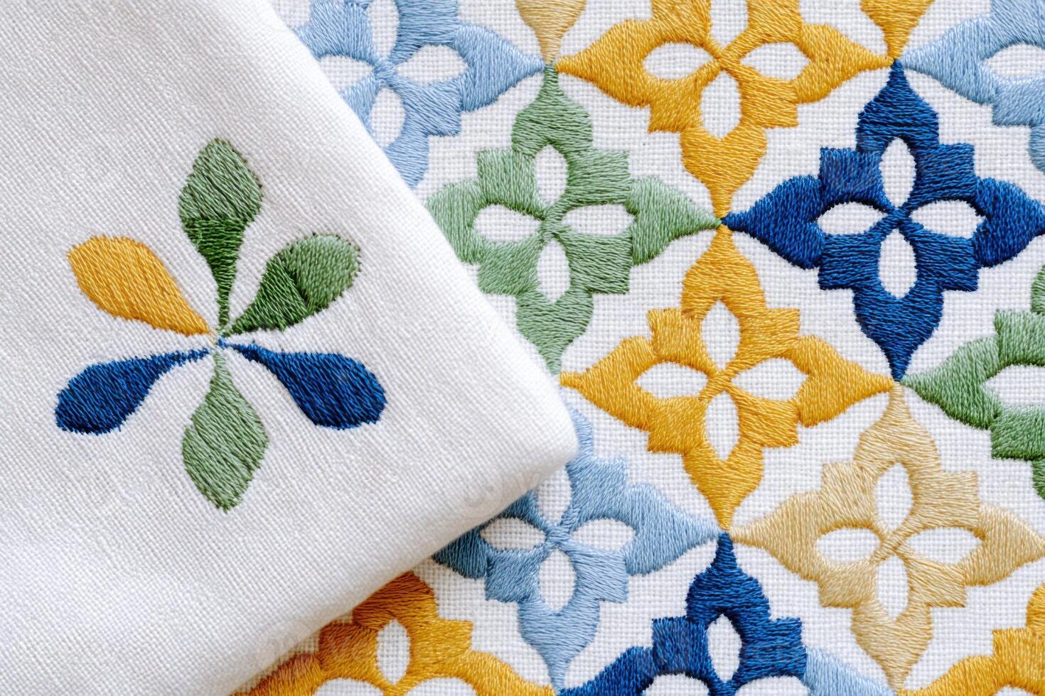 Moroccan textile featuring intricate embroidery with vibrant floral patterns in blue, green, yellow, and white, showcasing traditional craftsmanship and cultural artistry photo