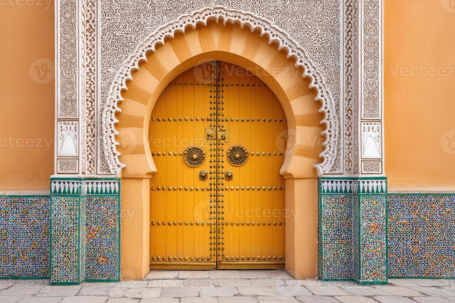 Moroccan architectural design featuring a vibrant yellow door with intricate carvings and decorative tiles, showcasing cultural heritage and artistic craftsmanship in a stunning urban setting photo