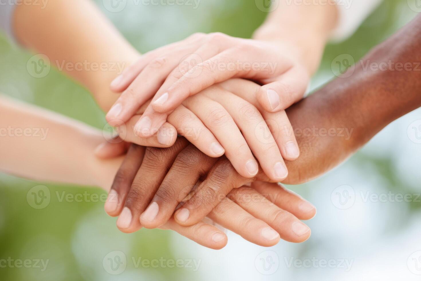 Diverse hands of different skin tones are stacked together in a symbol of unity and collaboration, showcasing teamwork and solidarity in a vibrant outdoor setting photo