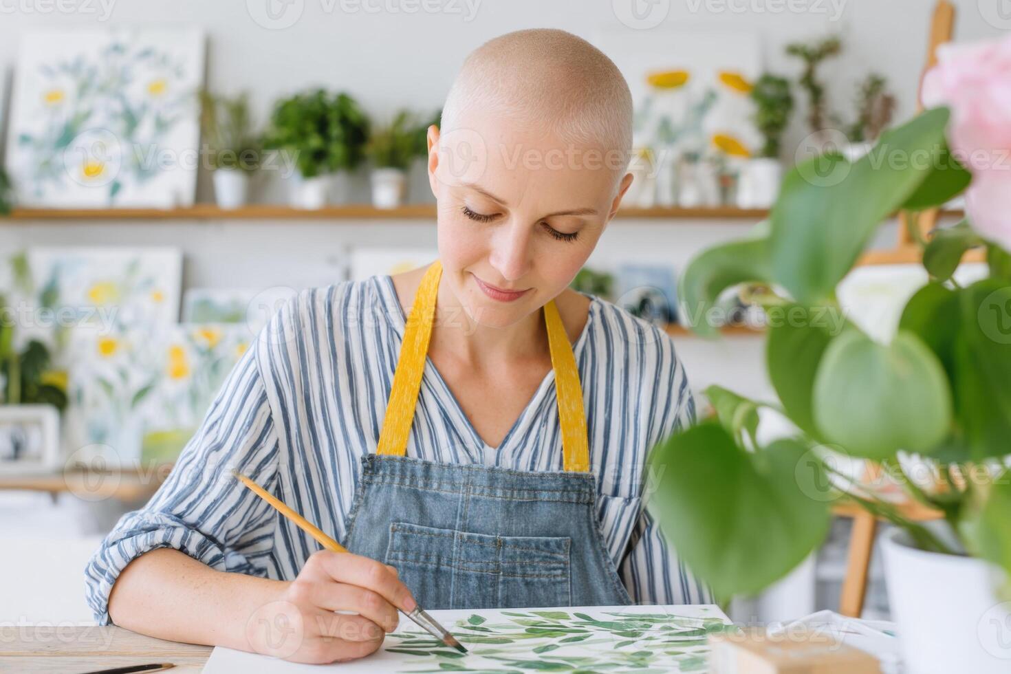 Bald woman artist in striped shirt and apron, painting green leaves on canvas in bright studio filled with plants and artwork, showcasing creativity and artistic expression photo