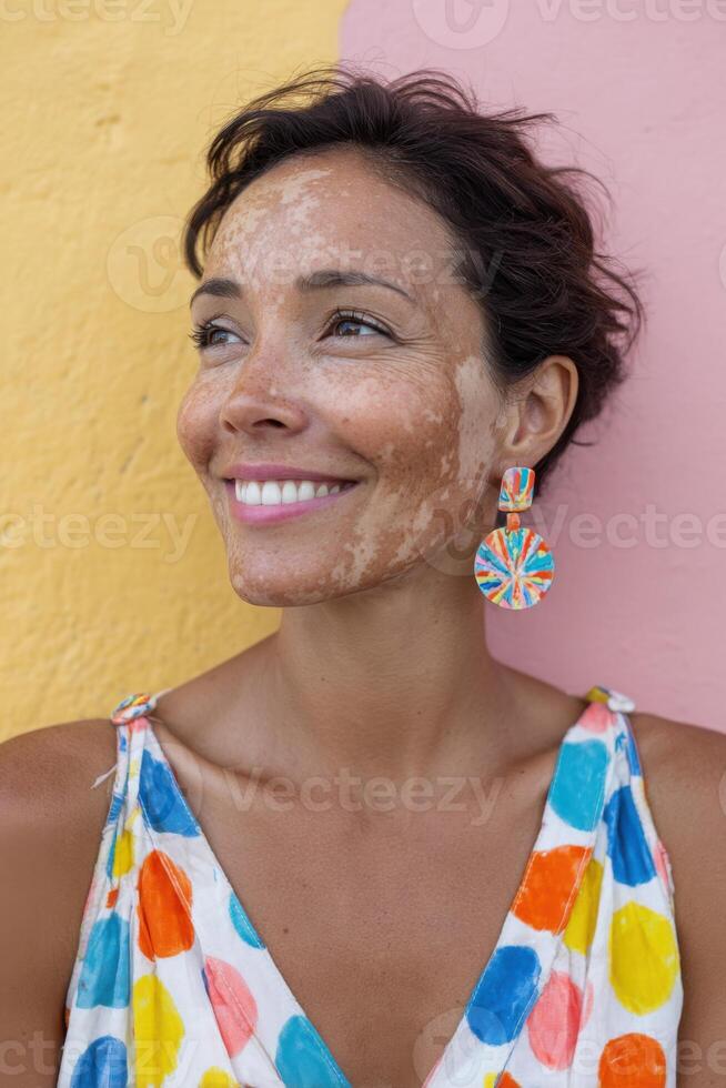 Woman with vitiligo wearing colorful earrings and a polka dot dress, smiling against a vibrant yellow and pink wall, showcasing beauty and confidence in a joyful atmosphere photo