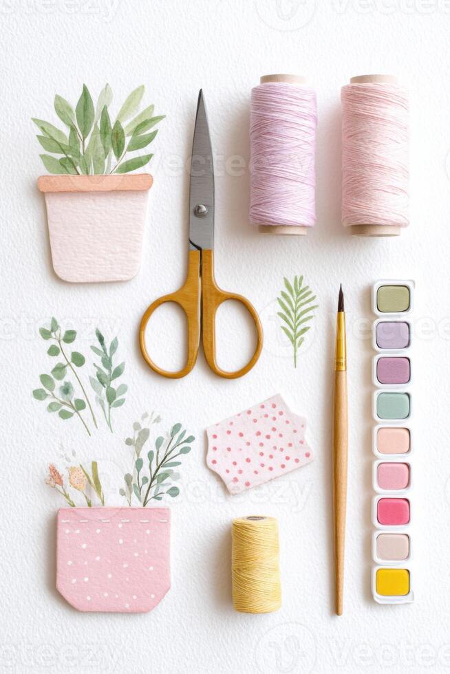 Illustration featuring various crafting supplies, including scissors, threads, paint, and potted plants, arranged artistically on a textured background, showcasing creativity and artistic expression photo