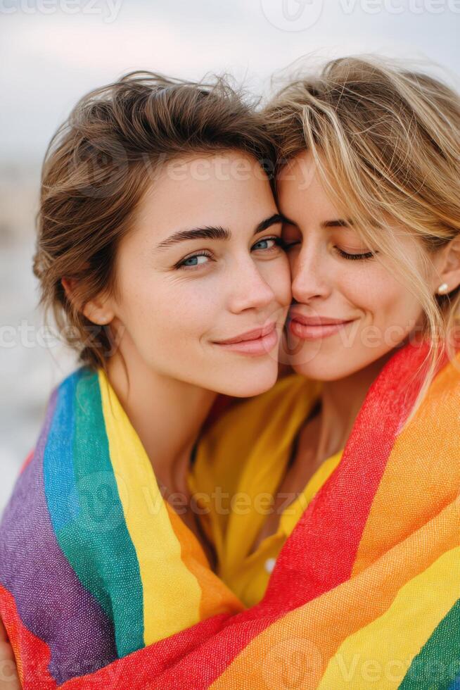 LGBTQ couple wrapped in vibrant rainbow blanket, sharing a joyful moment outdoors, showcasing love and connection against a soft, natural background with warm sunlight photo