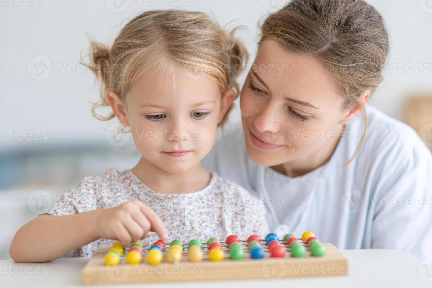 Child engaged in autism occupational therapy session with a caregiver, using colorful beads on a wooden board, fostering skill development and emotional connection during playtime photo