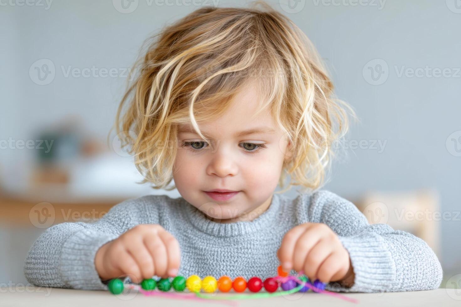 Child engaged in autism occupational therapy session, focused on colorful beads, enhancing fine motor skills and cognitive development, in a bright and inviting therapy space photo