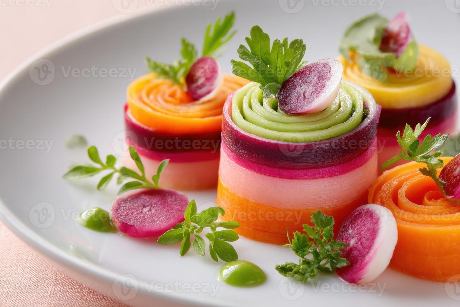 Colorful vegetable rolls garnished with herbs and radish slices on white plate photo