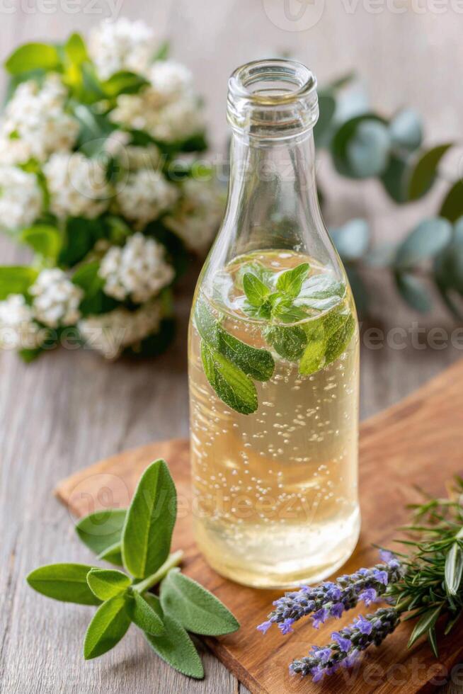 Sparkling herbal elixir with sage and lemon balm on wooden table photo