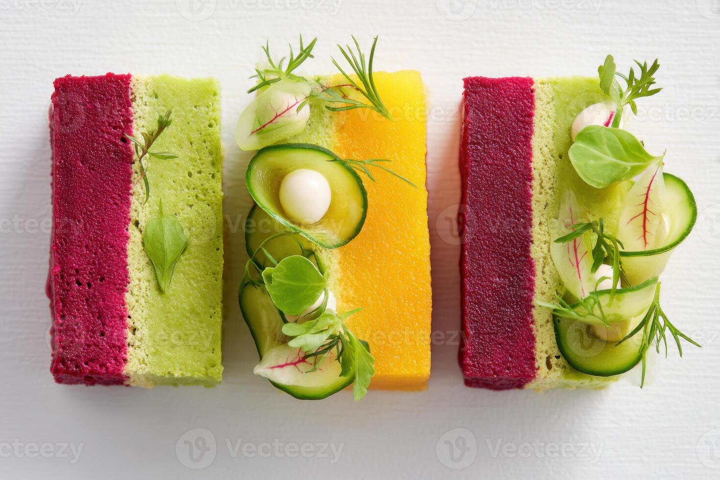 Colorful vegan terrines with beetroot, avocado, and squash, garnished with fresh herbs and cucumber photo