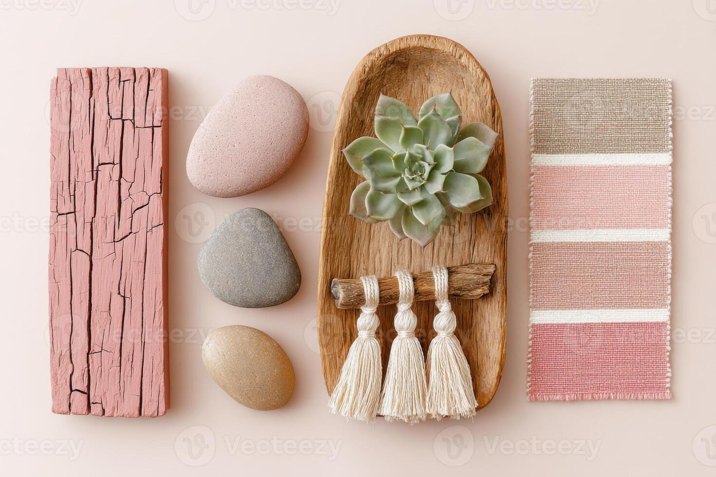 Natural decor arrangement featuring smooth stones, a succulent plant in a wooden bowl, and a textured fabric, creating a calming and aesthetic home environment with earthy tones photo