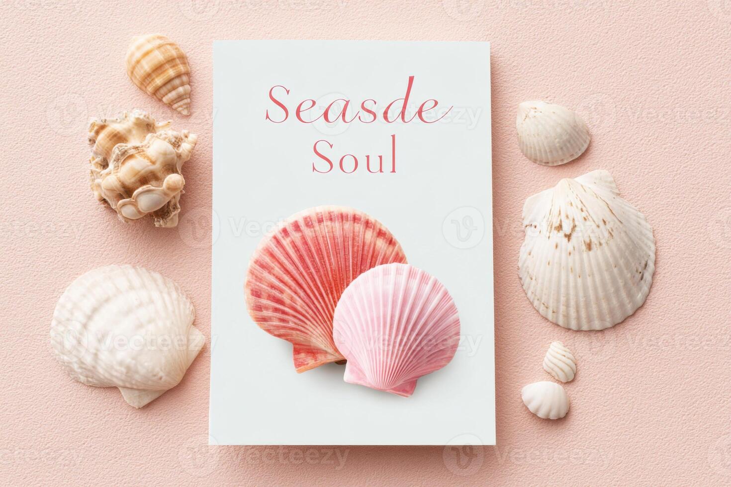 Colorful seashells arranged around a soft pink background with a decorative book titled Seaside Soul, creating a serene coastal atmosphere and inviting beach vibes photo