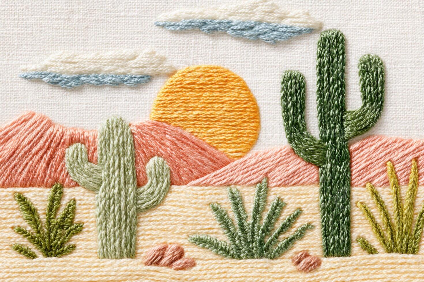 Embroidered landscape featuring cacti, mountains, and a vibrant sun, showcasing intricate stitching details and a serene desert atmosphere with colorful textures and natural elements photo