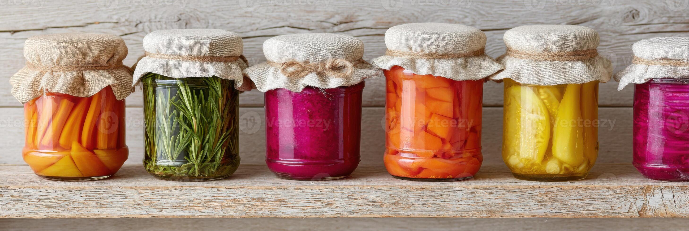 Colorful pickled vegetables and rosemary preserving in glass jars on rustic wooden shelf photo