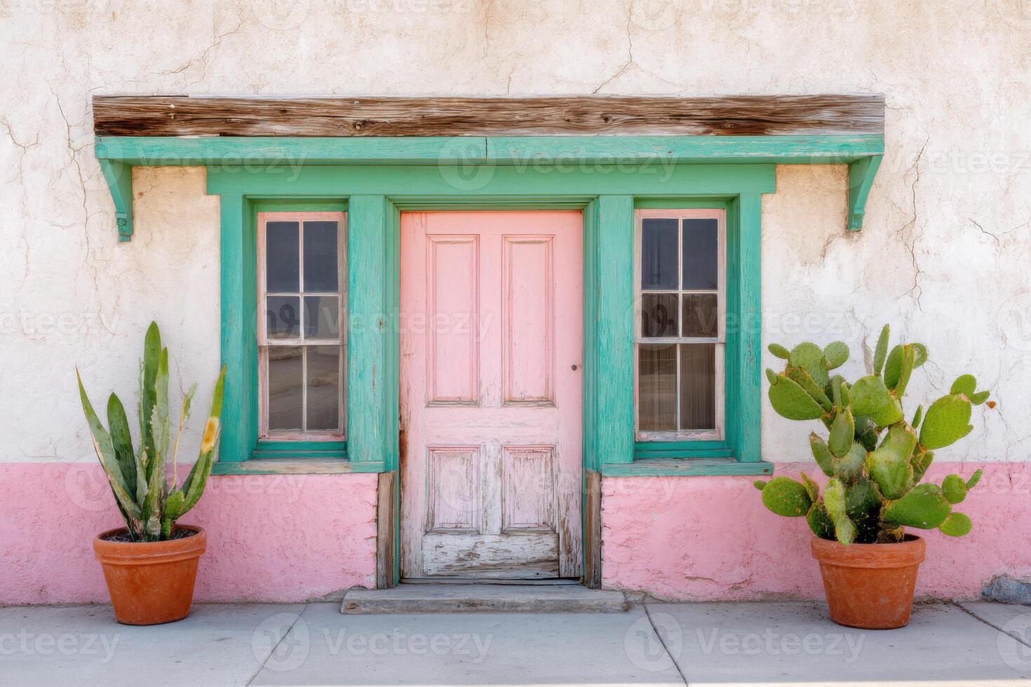 Colorful entrance featuring a pink door framed by turquoise trim, flanked by potted cacti, set against a textured wall, showcasing vibrant architectural details and natural elements photo