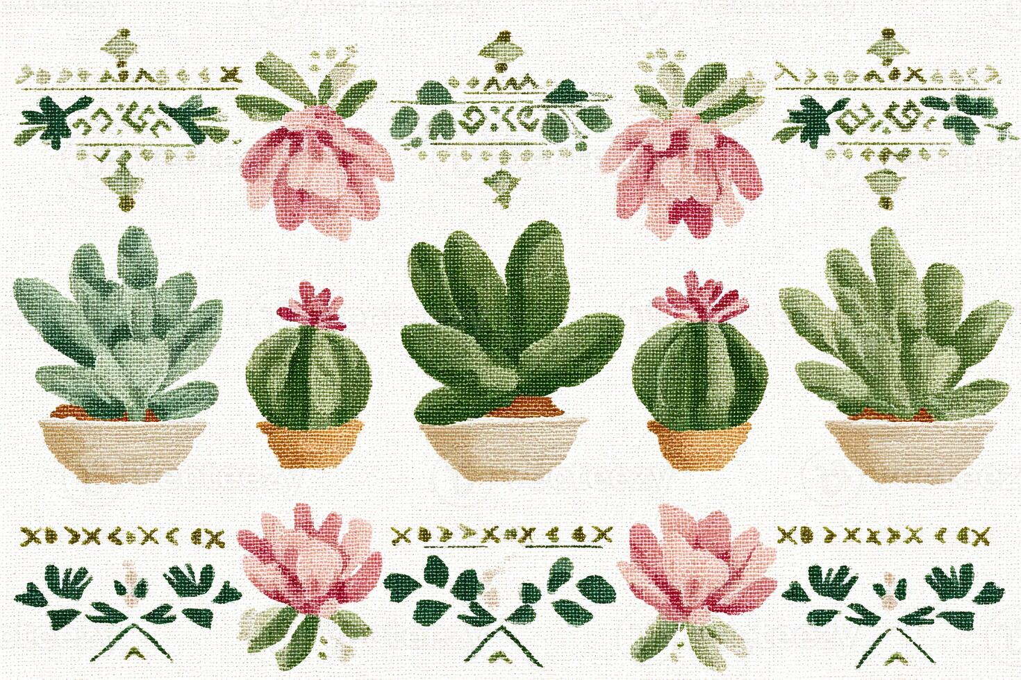 Colorful floral embroidery featuring various succulent plants in decorative pots, showcasing intricate stitching patterns and vibrant hues on a textured fabric background photo
