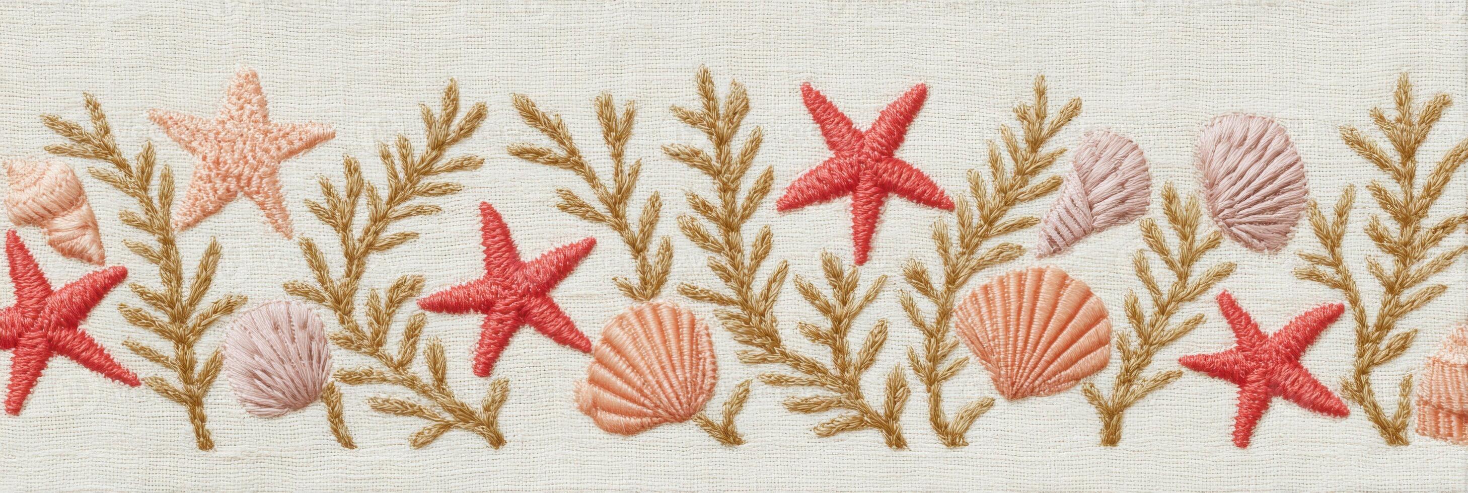 Colorful embroidery design featuring seashells and starfish on a light fabric background, showcasing intricate stitching and natural marine elements in a decorative pattern photo