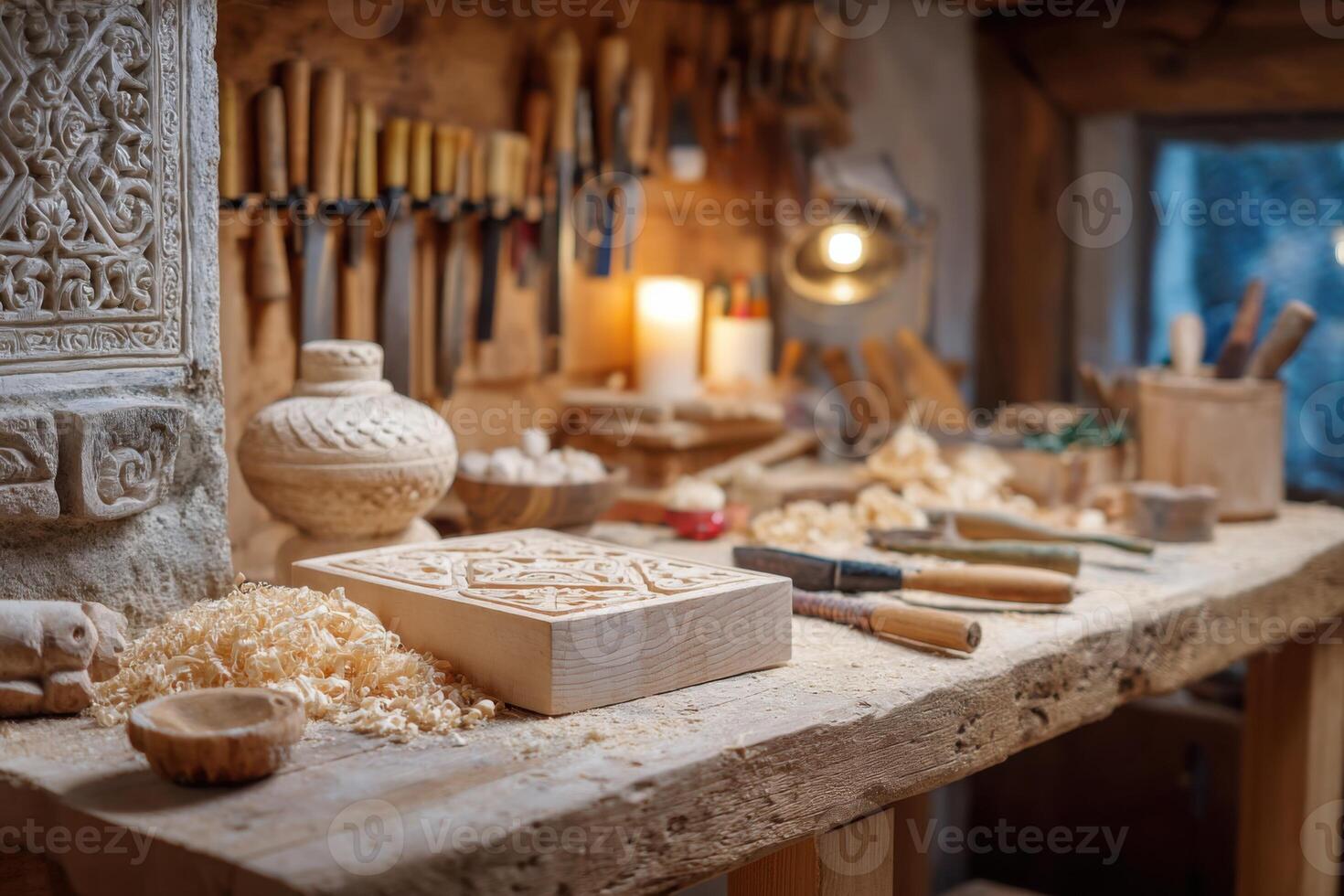 Woodcarver workbench with carved wooden toys and tools in workshop photo